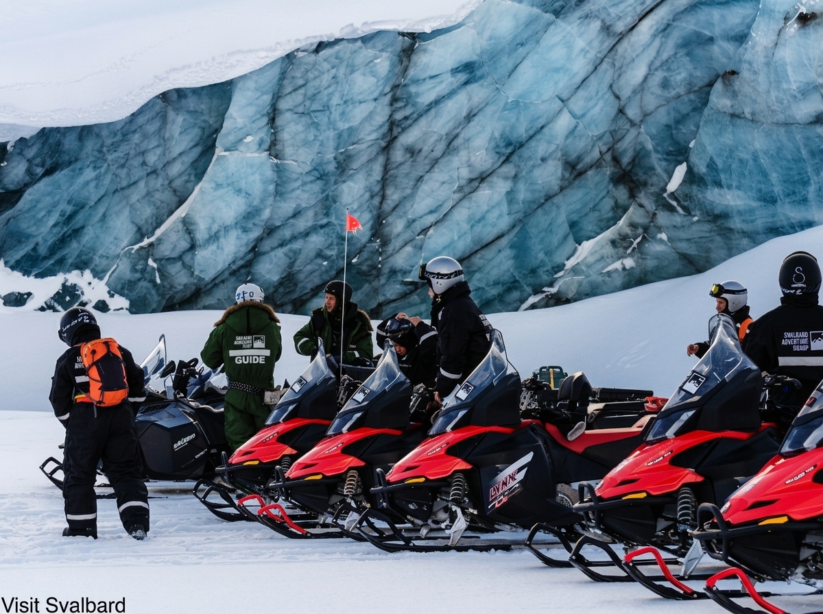 Gruppe på snøscootertur foran en blå isbre på Svalbard under en incentivereise