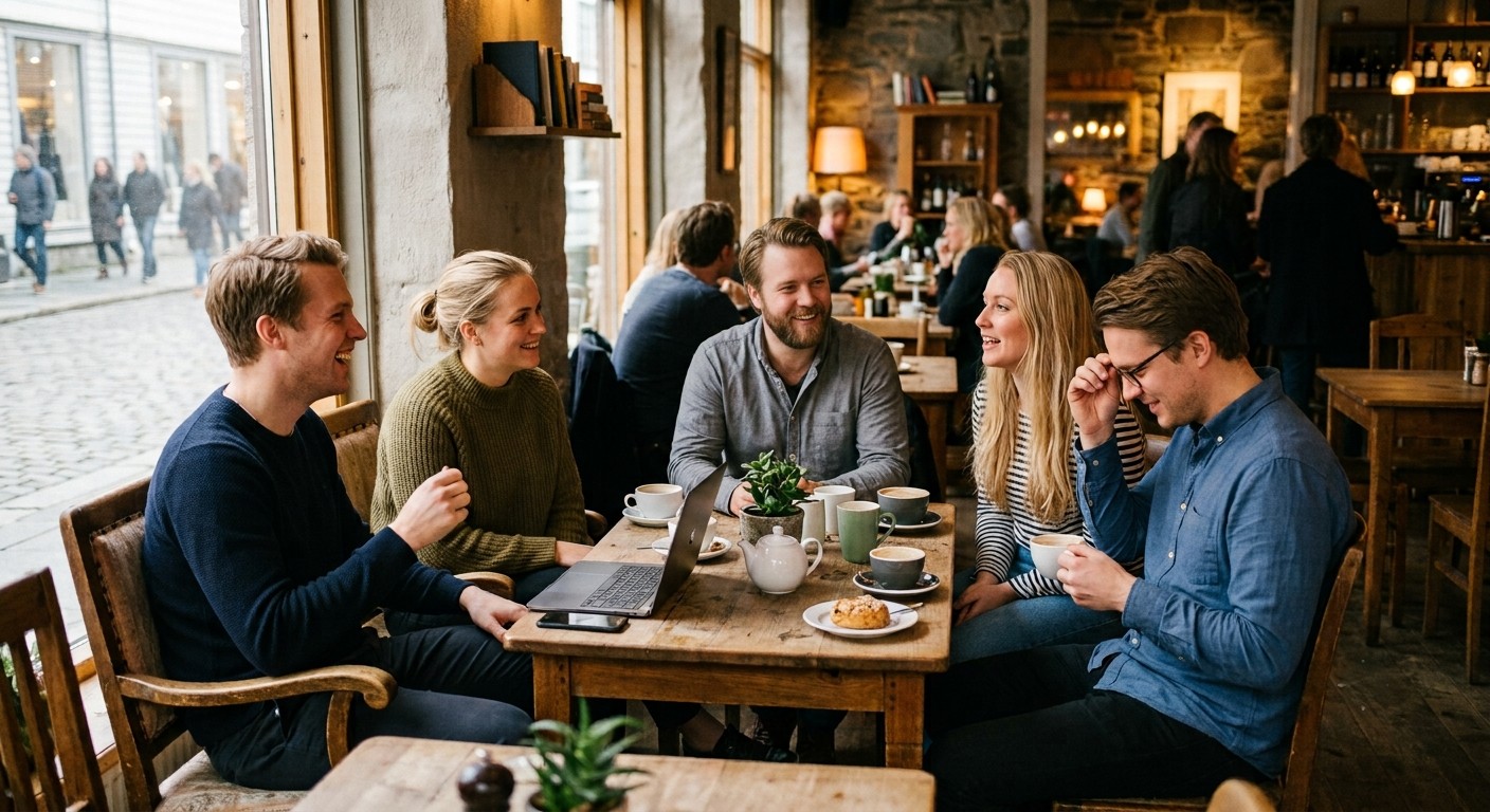 Kolleger som ler og prater rundt et bord på en kafé
