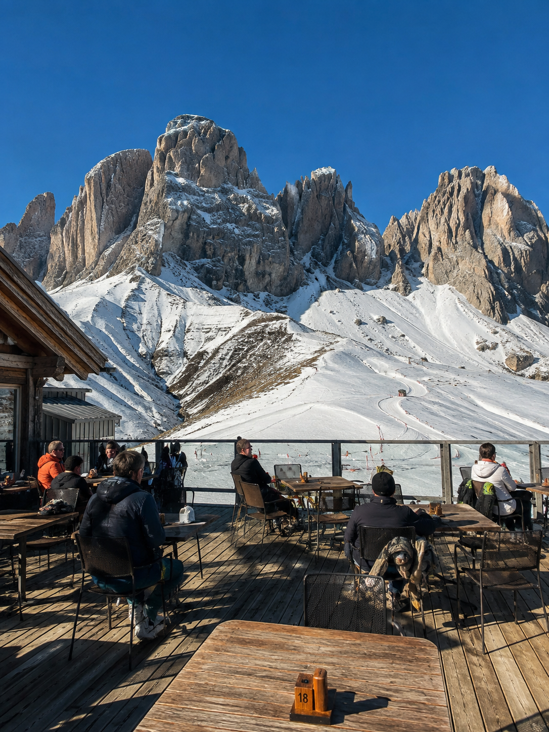 Solterrasse med utsikt mot snødekte fjelltopper