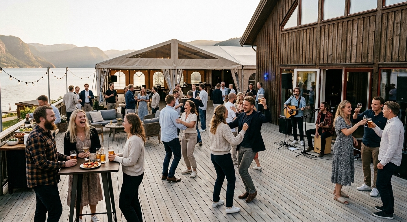 Kolleger samlet på en terrasse ved fjorden med levende musikk