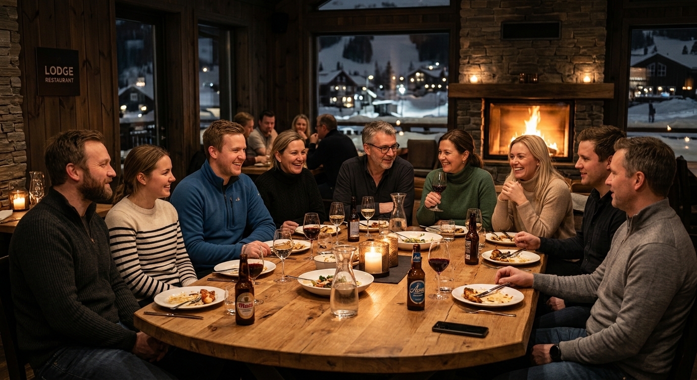 Gruppe kolleger rundt middagsbordet på en fjellrestaurant med peis