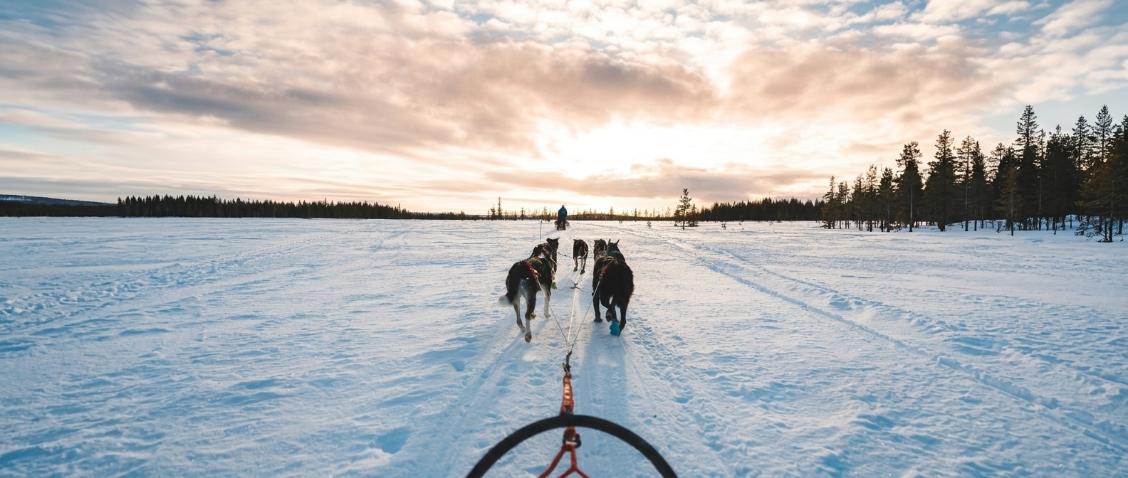 Hundekjøring over en snødekt vidde i solnedgang