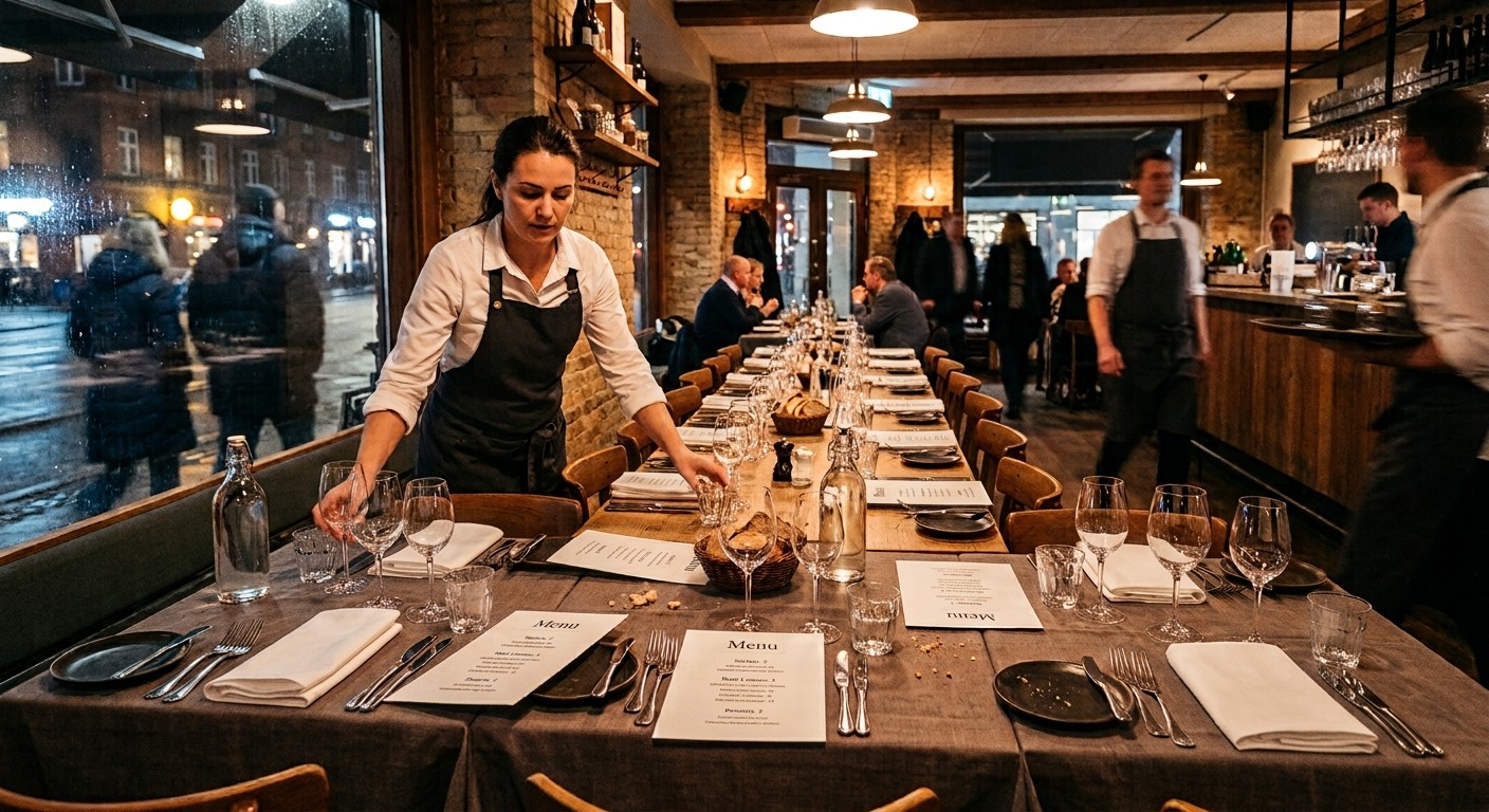 Langbord som dekkes til en gruppe på en restaurant