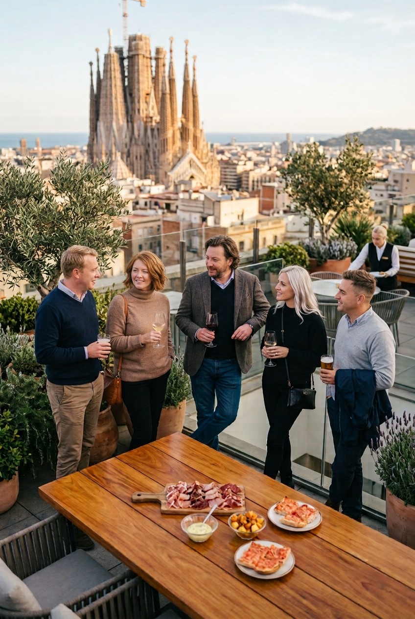 Kolleger som prater på en takterrasse med utsikt over Barcelona