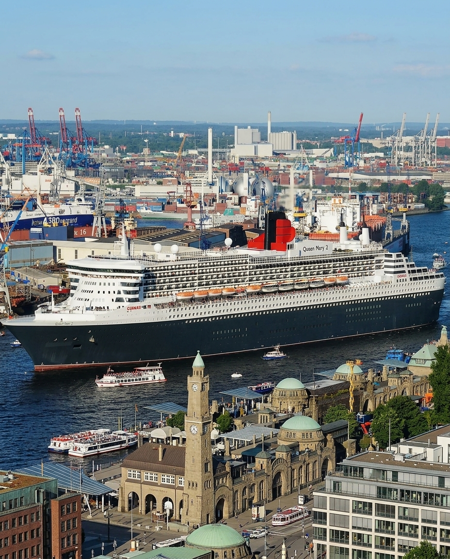 Stort cruiseskip ved kai i Hamburg havn i sommervær under en firmatur med cruise