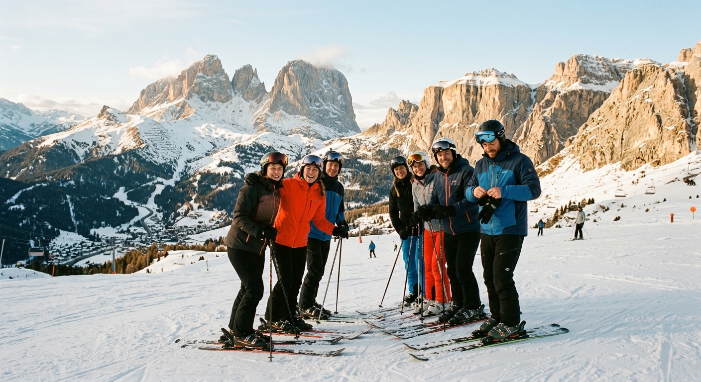 Kolleger på ski med utsikt over snødekte fjelltopper i Dolomittene