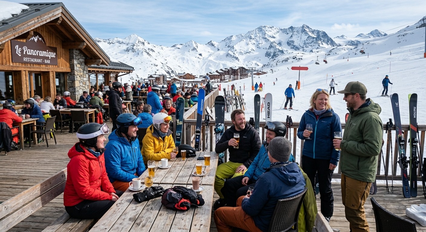 Kolleger på solterrasse ved en fjellrestaurant i alpene