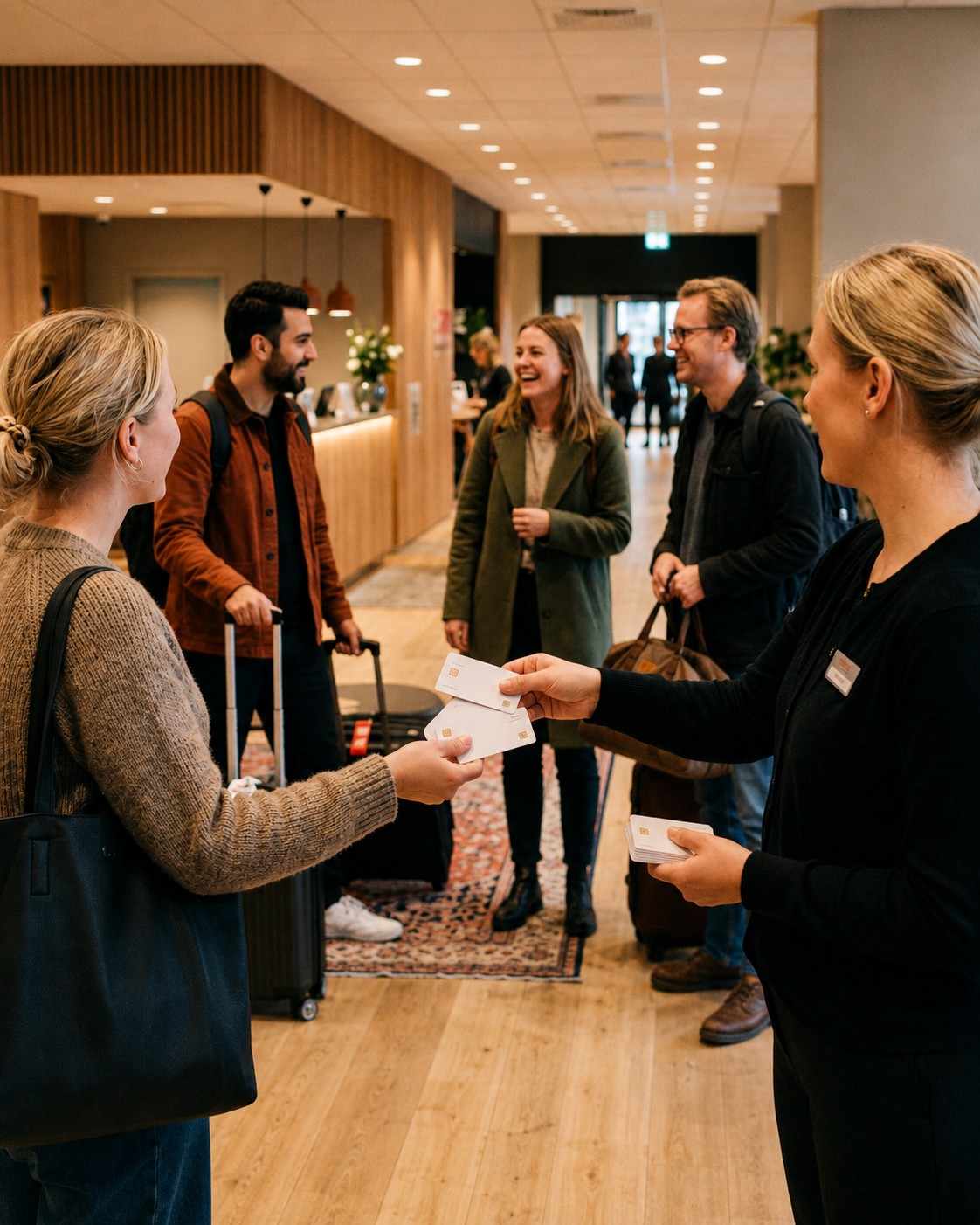 Gruppe som sjekker inn i resepsjonen på et hotell